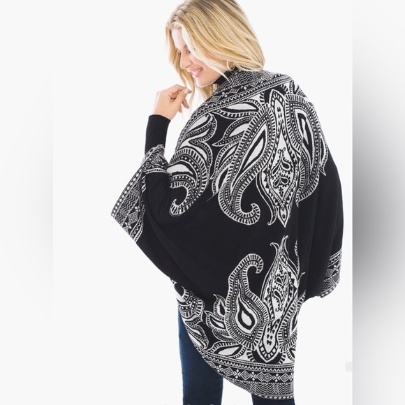 Chico's Jacquard Cocoon Chic Black & White Large Print Shawl Cardigan Jacket S/M - Picture 2 of 11